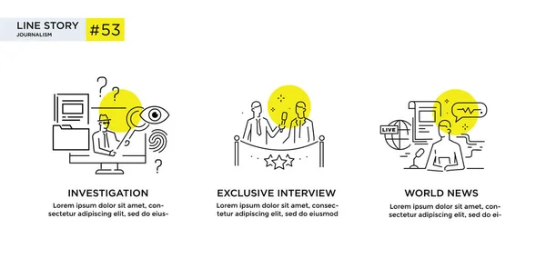 Uppsättning illustrationer koncept med journalistik. Utredning, nyheter, intervju, exklusivt. linjär illustration ikoner infografik. Tryckaffisch på landningssidan. Linjeberättelse Vektorgrafik