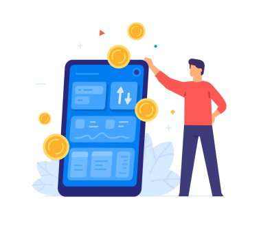 Adam para kazanıyor, akıllı telefon, madencilik, değiş tokuş, online. Smartphone tabletleri kullanıcı arayüzü çevrimiçi alışverişi. Düz illüstrasyon Simgeleri bilgi simgeleri. İniş sayfası baskı posteri.