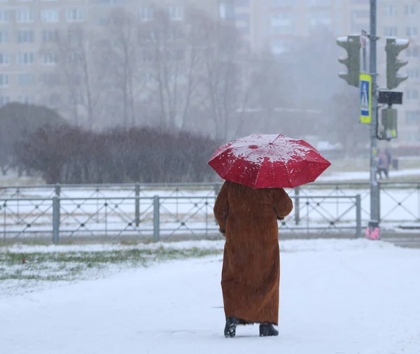 Женщина Длинном Пальто Красным Зонтиком Гуляет Снегопаду Подвойского Санкт Петербург — стоковое фото