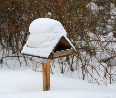 Kar ile kaplı üçgen ahşap kuş yemi.