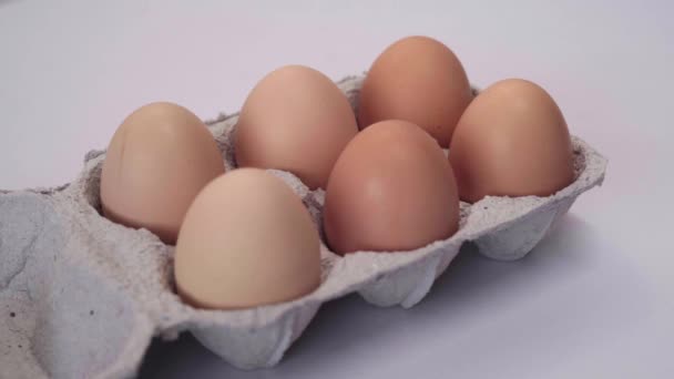 Kip Bruin Verse Rauwe Eieren Een Papieren Doos Een Eierdoos — Stockvideo