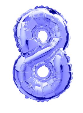 Beyaz üzerine izole edilmiş sekiz numaralı mavi balonun dikey görüntüsü.