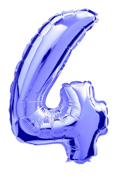 Pionowe Ujęcie Niebieskiego Balonu Numer Cztery Odizolowanego Białym — Zdjęcie stockowe