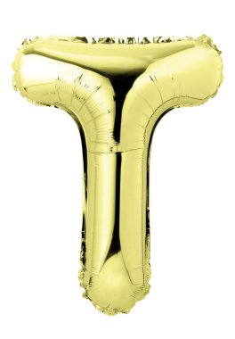 Letter T in golden mylar balloon isolated on white