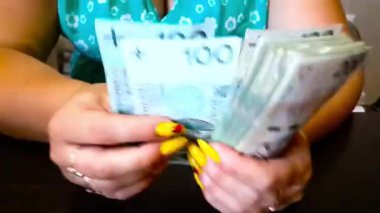 Kadın parayı sayıyor. Kadın eli kapalı, nakit para sayar. Para, Ödeme, Finans, Yatırım ve Başarı, Kavram. Bankacılık kurumunda döviz değişimi