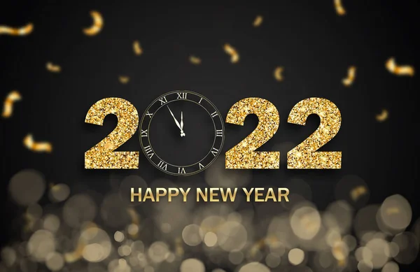 Mutlu yeni 2022 yılı tasarım afişleri! Altından metin, saat, konfeti ve siyah arkaplan içeren tebrik kartı şablonu