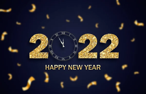 Mutlu yeni 2022 yılı tasarım afişleri! Altın metin, saat, konfeti ve mavi arkaplan içeren tebrik kartı şablonu