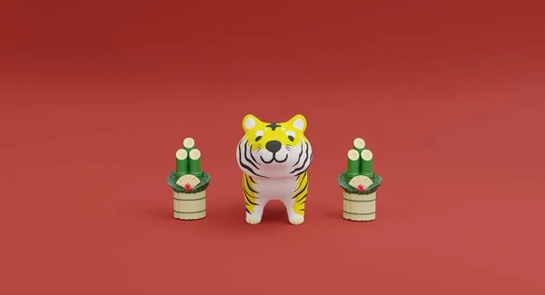 Χαριτωμένο Tiger Κούκλα Πρωτοχρονιάς Κάρτα Απόδοση — Φωτογραφία Αρχείου