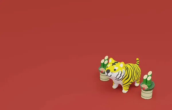 Cute Tygrys Lalka Noworoczna Karta Renderowanie — Zdjęcie stockowe