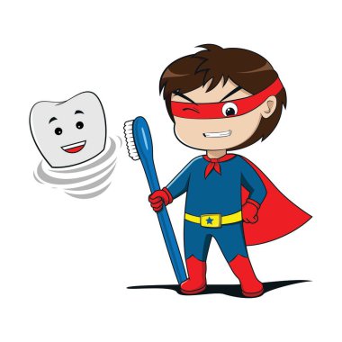 Süper kahraman gibi giyinmiş küçük bir çocuk ikonu ve çizgi film dişleri, silahı olarak diş fırçası tutuyor.