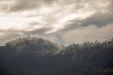 Kolombiya 'nın Arcabuco kasabası yakınlarındaki And merkezi dağlarının üzerinde puslu ve sisli bir güneş doğuyor.