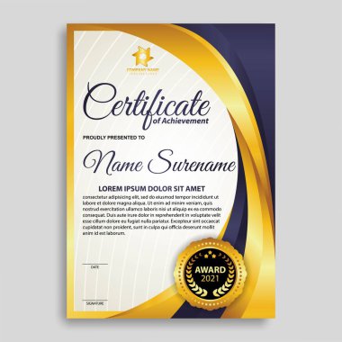 Modern sertifika şablonu derecelendirme ve altın renkleri, lüks ve modern tarz ve ödül tarzı vektör imajı. Takdir edilmek için uygun. Premium vektörü.