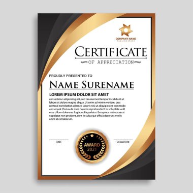 Modern sertifika şablonu derecelendirme ve altın renkleri, lüks ve modern tarz ve ödül tarzı vektör imajı. Takdir edilmek için uygun. Premium vektörü.