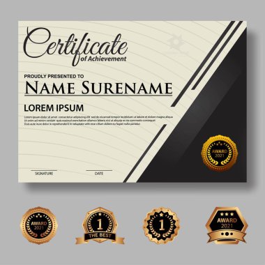 Modern sertifika şablonu derecelendirme ve altın renkleri, lüks ve modern tarz ve ödül tarzı vektör imajı. Takdir edilmek için uygun. Premium vektörü.