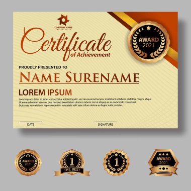 Modern sertifika şablonu derecelendirme ve altın renkleri, lüks ve modern tarz ve ödül tarzı vektör imajı. Takdir edilmek için uygun. Premium vektörü.