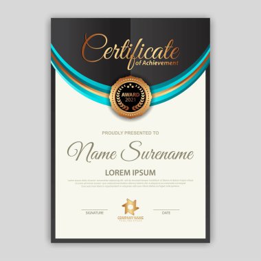 Modern sertifika şablonu derecelendirme ve altın renkleri, lüks ve modern tarz ve ödül tarzı vektör imajı. Takdir edilmek için uygun. Premium vektörü.