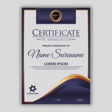 Modern sertifika şablonu derecelendirme ve altın renkleri, lüks ve modern tarz ve ödül tarzı vektör imajı. Takdir edilmek için uygun. Premium vektörü.