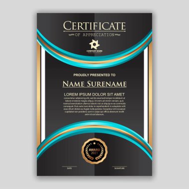 Modern sertifika şablonu derecelendirme ve altın renkleri, lüks ve modern tarz ve ödül tarzı vektör imajı. Takdir edilmek için uygun. Premium vektörü.
