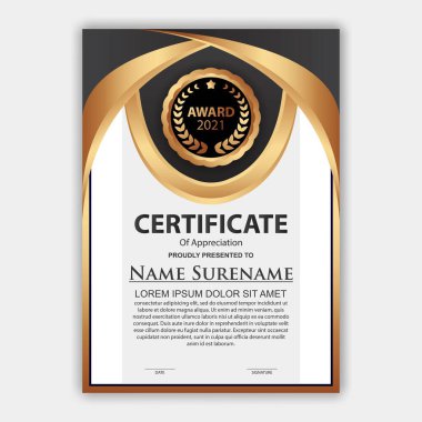 Modern sertifika şablonu derecelendirme ve altın renkleri, lüks ve modern tarz ve ödül tarzı vektör imajı. Takdir edilmek için uygun. Premium vektörü.