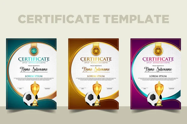 Certificat Match Football Diplôme Avec Golden Cup Set Vecteur Football — Image vectorielle