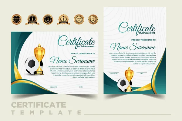 Altın Kupa Set Vektörü ile Futbol Maçı Sertifikası. Futbol mu? Spor Ödülü Şablonu. Başarı Tasarımı. Mezuniyet. Belge. Şampiyon. En iyi ödül. Galibiyet Kupası. Şablon İllüstrasyonu