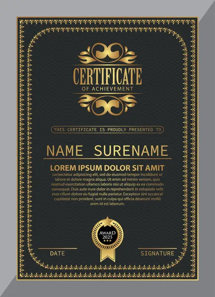 Modern sertifika şablonu derecelendirme ve altın renkleri, lüks ve modern tarz ve ödül tarzı vektör imajı. Takdir edilmek için uygun. Premium vektörü.