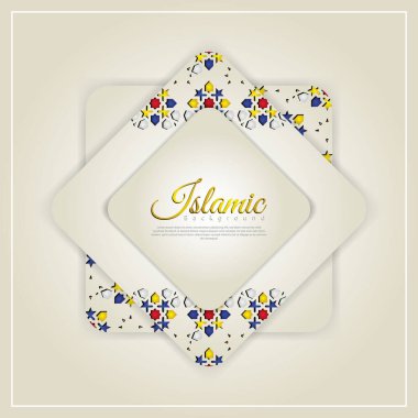 İslami tebrik kartı afişi. Çiçekli mozaik İslami sanat süslemelerinin süslü detaylarıyla birlikte. Vektör illüstrasyonuName.