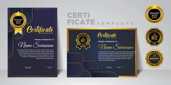 Modern gradyan renk sertifikası şablonu tasarımını ayarla. Altın rozetli Başarı Sertifikası. Vektör Şablonları