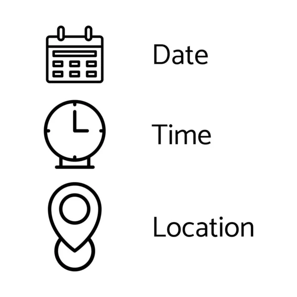 Datum Uhrzeit Und Ort Icons Für Grafische Gestaltung Festlegen Isoliert — Stockvektor
