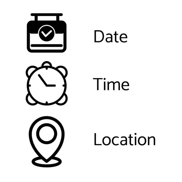 为图形设计设定日期 时间和位置图标 在白色背景上隔离 说明图标 — 图库矢量图片