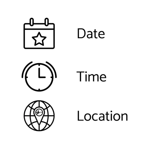 Set Date Time Location Icons Graphic Design Isolated White Background — Image vectorielle