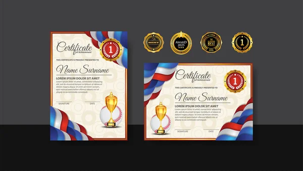 Baseball Certificate Design Gold Cup Set Vector Baseball Sports Award — Vector de stock