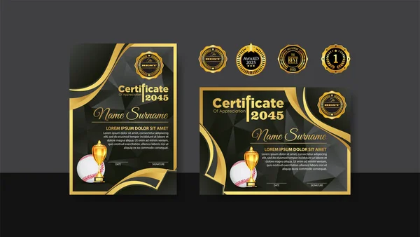 Honkbal Certificaat Ontwerp Met Gold Cup Set Vector Honkbal Sportweergave — Stockvector