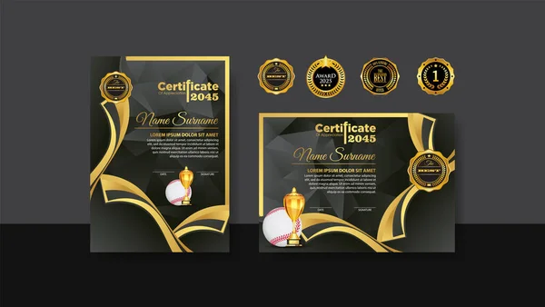 Baseball Certificate Design Gold Cup Set Vector Baseball Sports Award — Stok Vektör