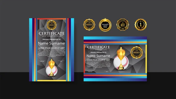 Baseball Certificate Design Gold Cup Set Vector Baseball Sports Award — Image vectorielle
