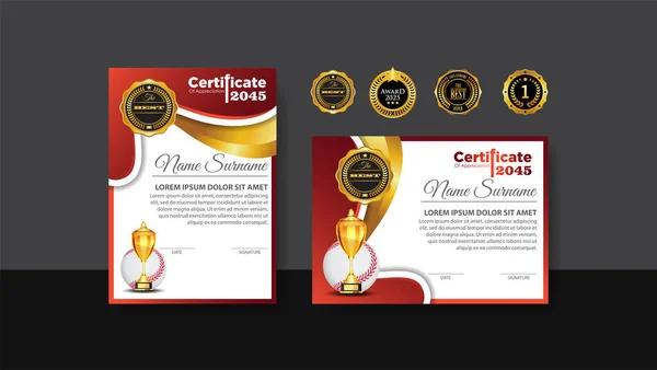Baseball Certificate Design Gold Cup Set Vector Baseball Sports Award — Stok Vektör