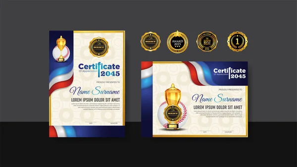 Baseball Certificate Design Gold Cup Set Vector Baseball Sports Award — Stok Vektör
