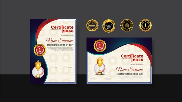 Baseball Certificate Design Gold Cup Set Vector Baseball Sports Award — Stock Vector