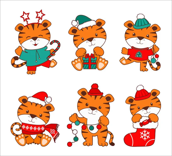Noel 'de şirin kaplanlar ve çocuklar için basım ve tişört, kapüşon, pijama, tebrik kartları, çocuk duvar resimleri fikri.
