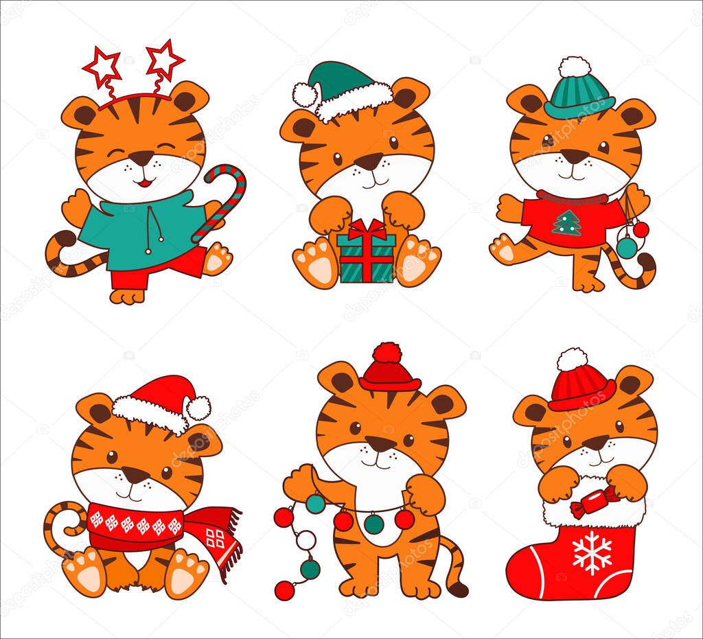 Vector cute tigers in a Christmas  cute animals character idea for kids and toddlers for printing and T-shirts, hoodie, pajamas, greeting cards, children's wall art