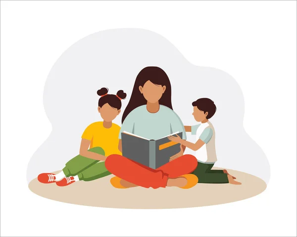 Mothers Day Concept Woman Mother Reads Book Children Vector Illustration — Stock Vector