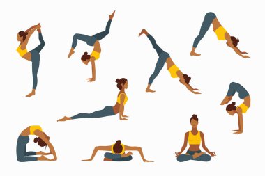 Yoga yapan, spor yapan bir grup genç kadın. Sağlıklı bir yaşam tarzı. Beyaz arka planda izole edilmiş çeşitli yoga pozisyonlarını gösteren kadın çizgi film karakterleri koleksiyonu