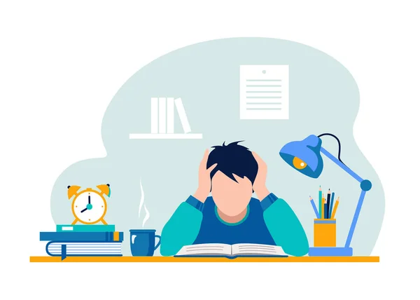 Student, pupil in the learning process, abstract flat vector illustration. The child sits at the table and studies, does homework with open books. — Stock Vector