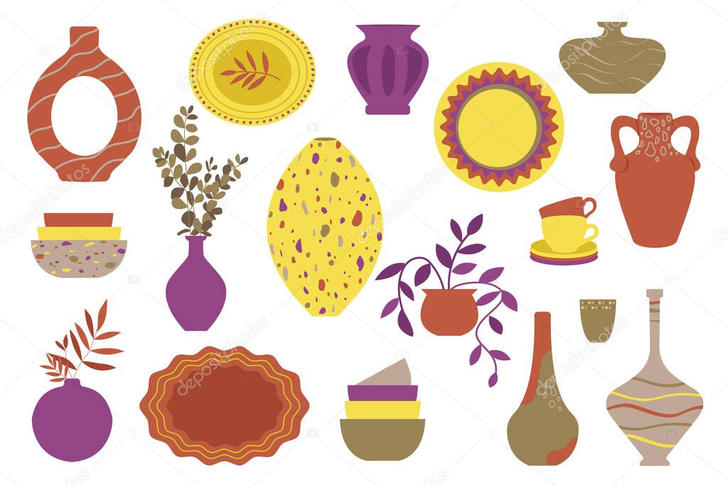 A set of dishes, colorful plates, bowls, ceramic vases with plants and a jug on a white background. Handmade crockery, ceramics, faience. Vector illustration.