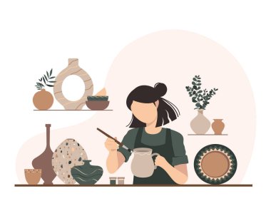 Potter kızı. Kadın, bir heykeltraşın kil vazo taşıyıcı resmini çiziyor. Sanatçı seramik yaratır. Zanaat.