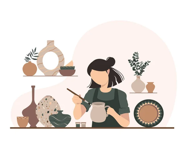 Potter kızı. Kadın, bir heykeltraşın kil vazo taşıyıcı resmini çiziyor. Sanatçı seramik yaratır. Zanaat.
