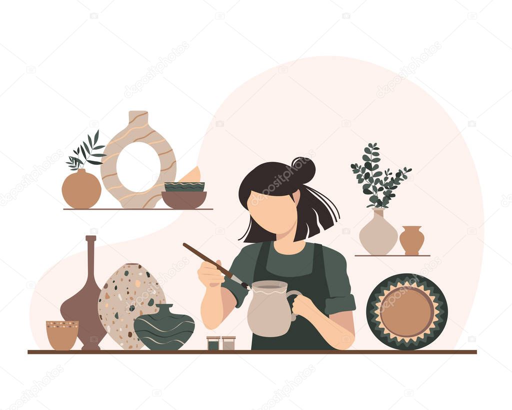 Potter girl. Woman paints a clay vase Vector illustration of an artist, sculptor. The artist creates ceramics. DIY craft.