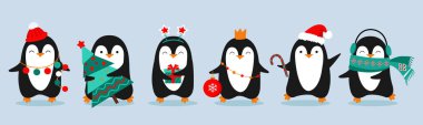Tatlı penguenler 2022. Açık mavi arka planda Noel penguenleri. Vektör