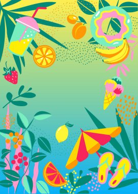 Yaz tebrik kartı, çerçeve. Tropikal palmiye yaprakları, plaj şemsiyeleri, terlikleri ve şişme dairesi olan bir meyve seti. Vektör illüstrasyonu, web pankartı.