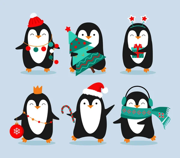 Set Cute Penguin Character Cartoon Illustration — Stock Vector